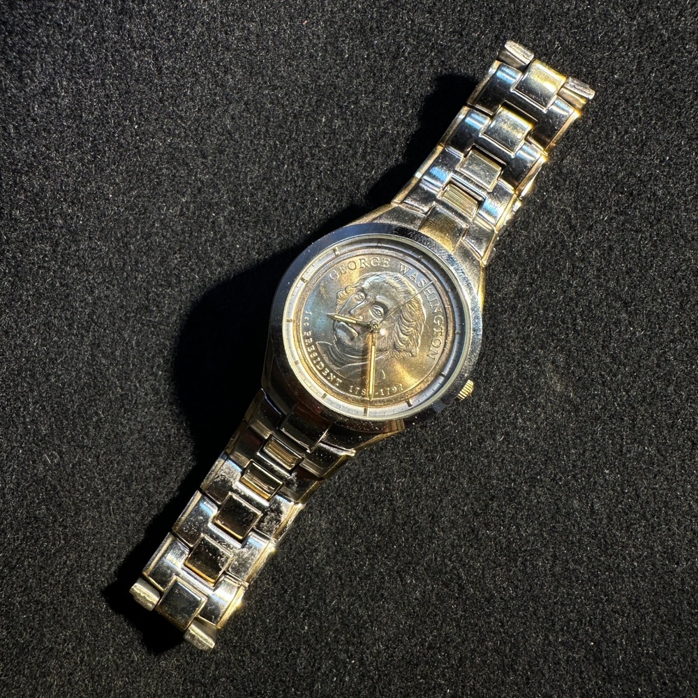 Gruen Mens George Washington Coin Dial Watch Silver Gold GR2117 Japan Movt